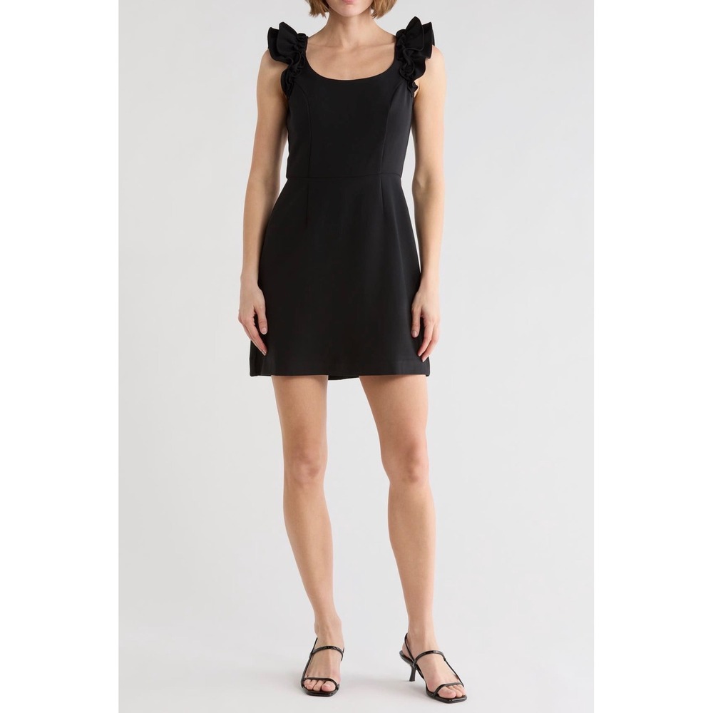 French Connection Black Ruffle Shoulder Square Neck Mini Dress Size 12 NWT